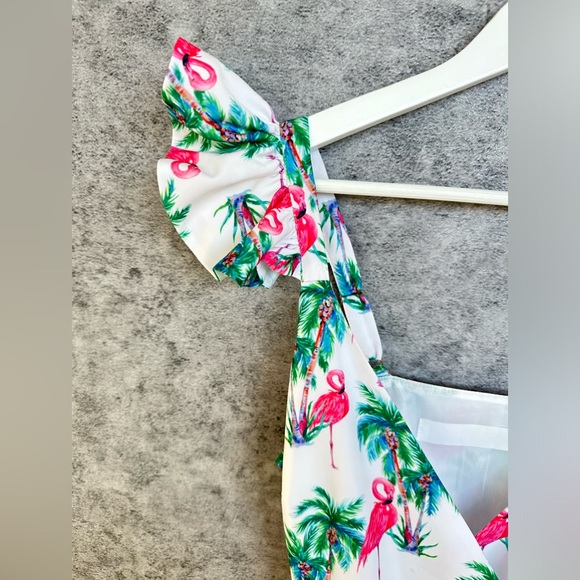 Tropical Flamingo Print Wrap Dress with Ruffled Straps - Size S - Picture 3 of 6